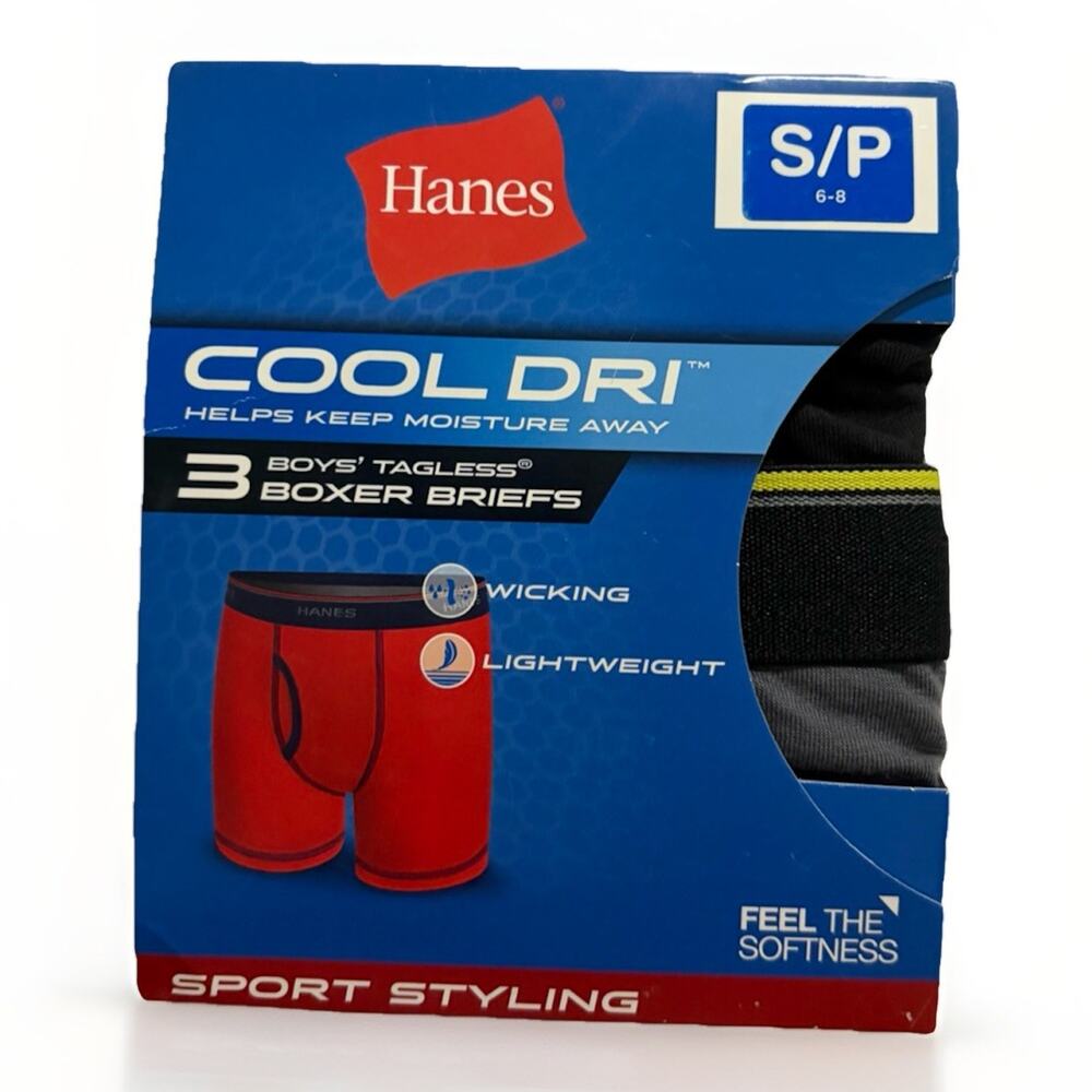 Hanes Boys Cool Dri Boxer Briefs 3 Pack S 6-8 Sport Tagless Moisture Wicking NEW